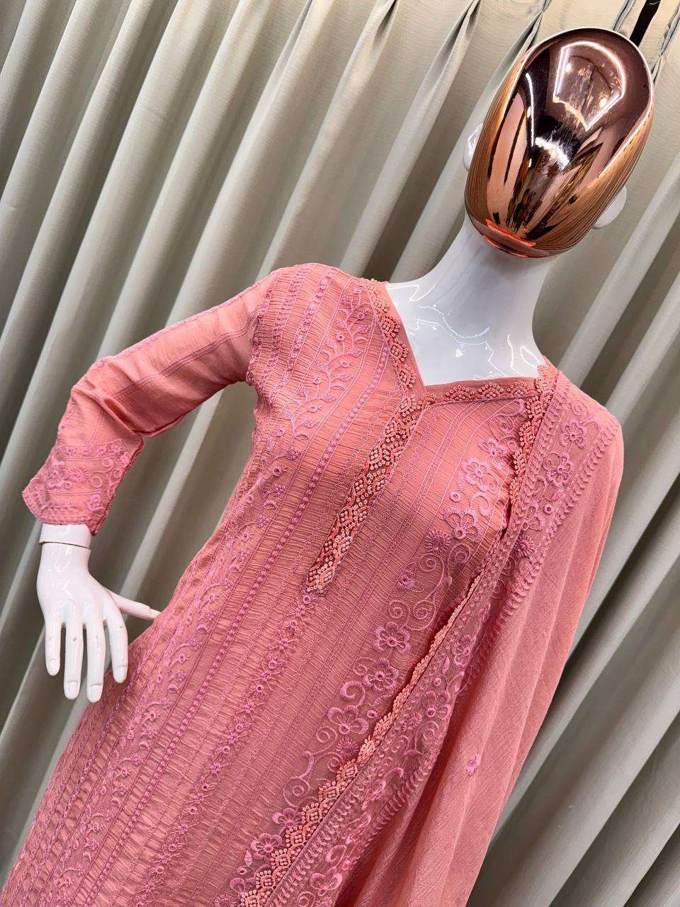 Women's Chinon Silk with Cotton Thread Embroidery Straight Kurti With Pant and Dupatta set